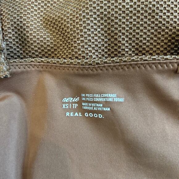 NWT Aerie Pique One Piece Wrap Full Coverage Swimsuit Raw Sienna Tan Size XS - Picture 7 of 8